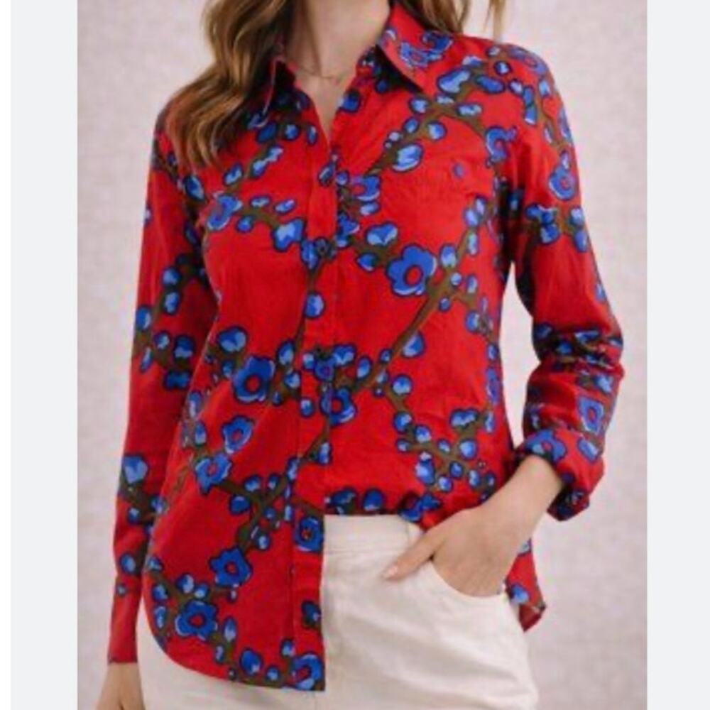 J.Crew Collection Classic Fit Lattice Floral Button Down Shirt Red Blue Sz 4
